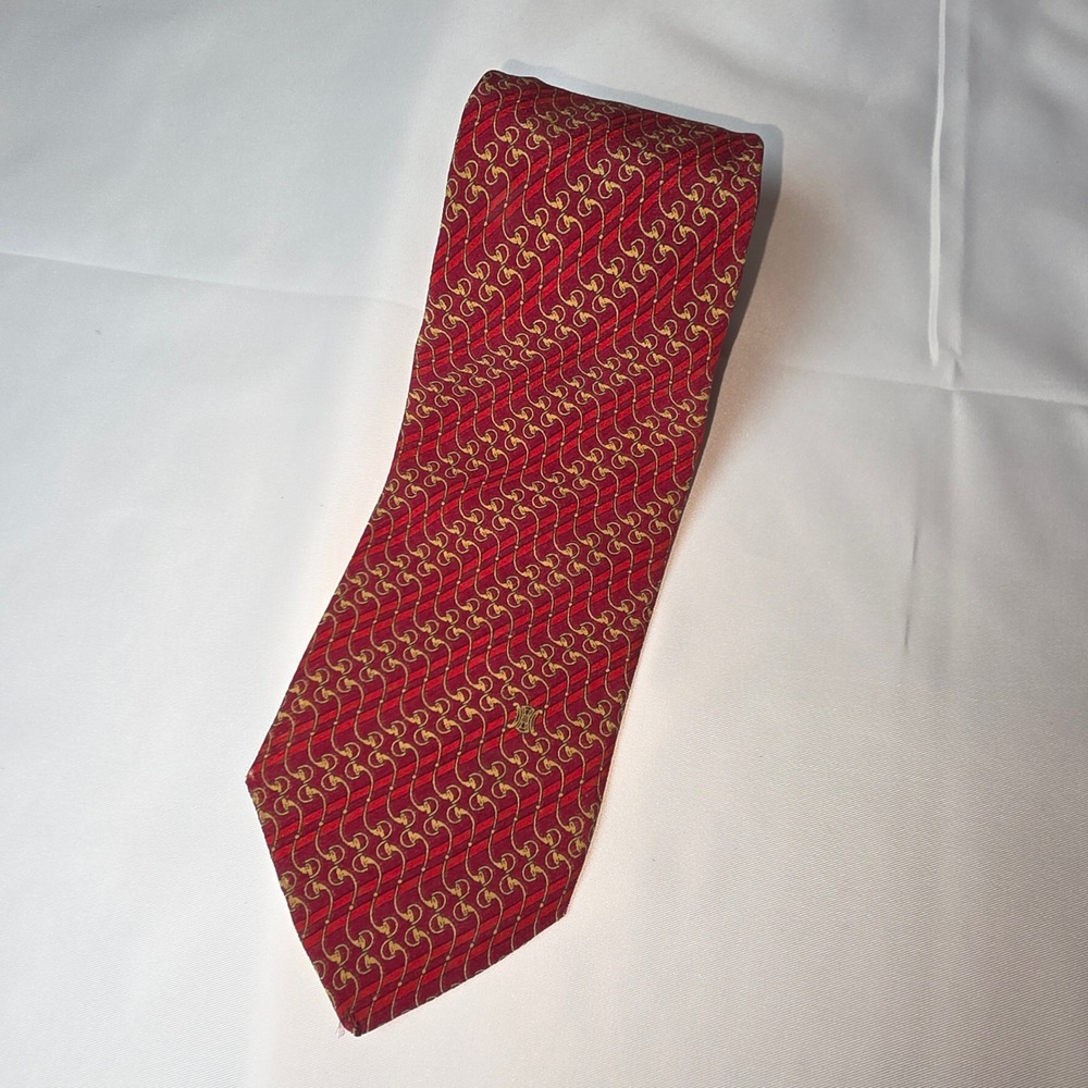 Celine Paris Silk Tie Burgundy Red Gold Horsebit Chain Link Macadam‎ Made Spain